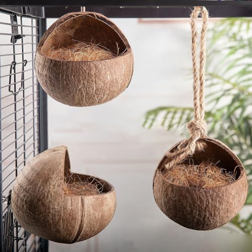 Image of Coconut Bird House Coconut Shell Hide Nest Shelter Hanging Birdhouse Cage Habitats Decor for Hamster Sugar Glider Parrot Bird Side-Fixed Style One Size