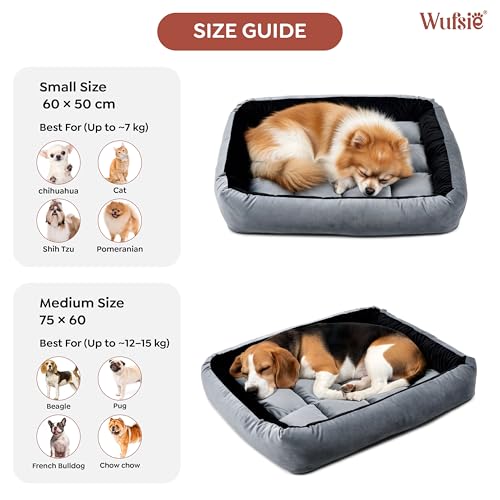 Image of Reversible Rectangle Dog Bed | Medium 60 X 75 Cm Pet Bed for Dogs and Cats | Premium Velvet, Washable Fabric | Soft Sofa-Style Bed for Dog with Thick 15 Cm Insert | Black & Grey
