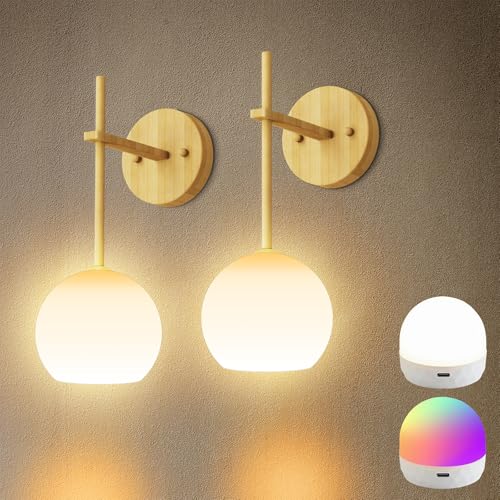 Image of Wood Grain Battery Operated Wall Sconces Set of 2, Rechargeable Wireless Wall Lights with Milky White Frosted Glass, 12 RGB and 3CCT Dimmable Wall Lamps with Remote for Bedroom Living Room Hallway
