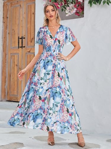 Image of Simplee Women's Boho Floral Maxi Dress Flowy Casual V Neck Short Sleeve Wedding Guest Holiday Beach Long Dress