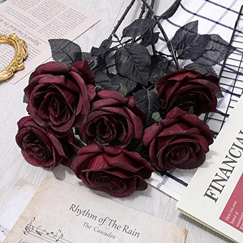 Roses artificielles rouge vin Whaline en soie à longue tige pour décoration | Lot de 12 - 5