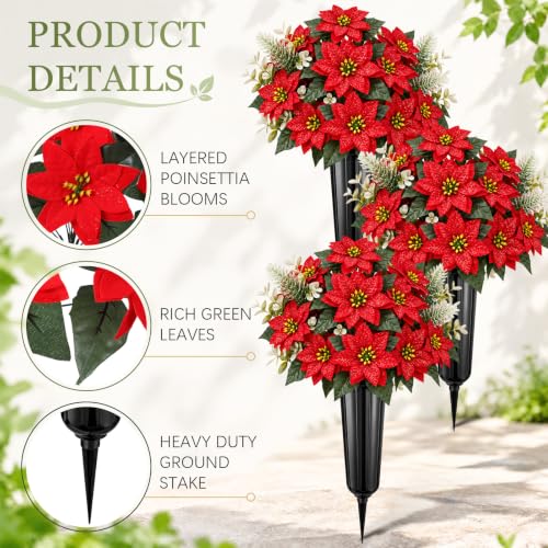 Image of 4pack 4Set 8 Pcs Artificial Cemetery Flower, Bright Red, Poinsettia
