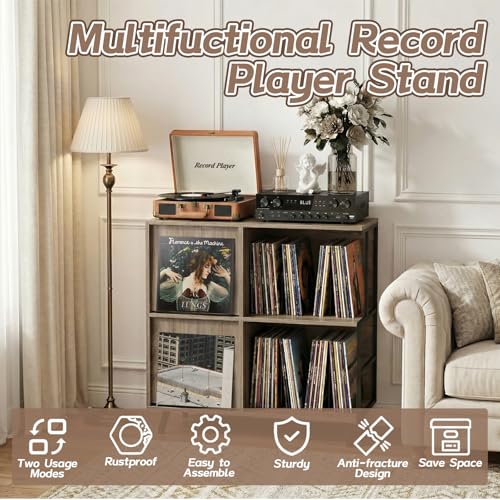 Image of Faesun 3 Tier Flip Top Record Player Stand, Vinyl Record Storage Holds up to 300+ Albums, Large Record Player Cabinet, Vintage Turntable Stand with Vinyl Display, for Living Room Bedroom, Gray