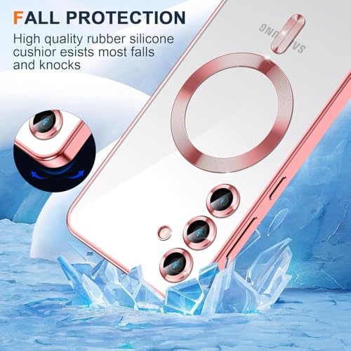 Image of VONZEE Clear Logo Electroplating Transparent Case for Samsung S25 FE 5G, Magnetic Plating [Support for MagSafe Charger] Electroplate TPU Cover, Individual Camera Protection for Each Lens - Rose Gold