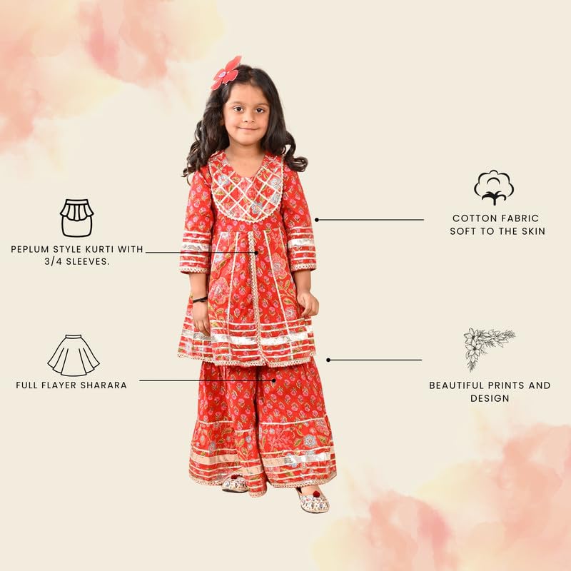 Image of superminis Girls Cotton Floral Printed Gotta Work 3 /4 Sleeves Flared Design Kurti & Sharara Set