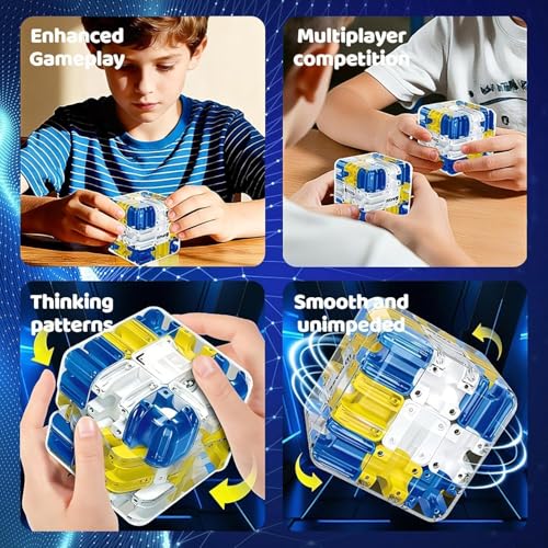 Image of 3D Maze Puzzle Cube with Metal Ball Inside - Transparent Handheld Marble Run Brain Teaser Game for Kids & Adults | Focus Skill Development Educational Toy and Stress Relief Challenge (Blue)