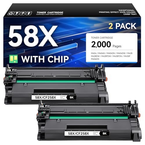 58X Toner Cartridge Black 2-Pack with Chip High Yield Replacement for HP 58X CF258X 58A Compatible with HP Laserjet Pro MFP M428dw M428fdn M428fdw M404dn M404dw M404n Enterprise M430f M406dn Printer