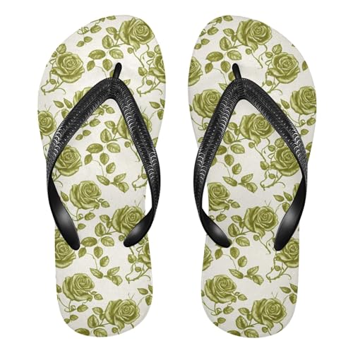 Burbuja Retro Green Roses Flip Flops for Women Men, Soft Thong Sandals Rubber Slippers for Pool Beach Essentials