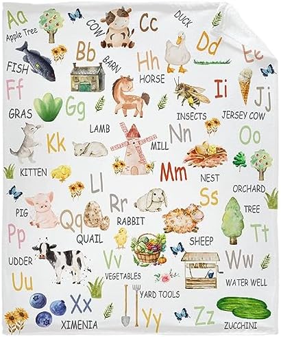 Farm Alphabet Blanket Soft Flannel Lightweight Fleece Soft Gifts Throws Fuzzy Warm Cozy Bedding Blankets for All Season in Home Bed Sofa S 50″x40″(Throw) Kids