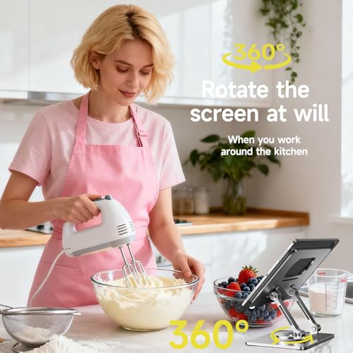 Image of iPad Holder Stand, Tablet Holder with Thickened 360 Rotating Base Dual Rod Adjustable Aluminum Stand for All 4-12.9'' iPad Surface Samsung Phone Tablet Kindle E-Reader and More, Silver