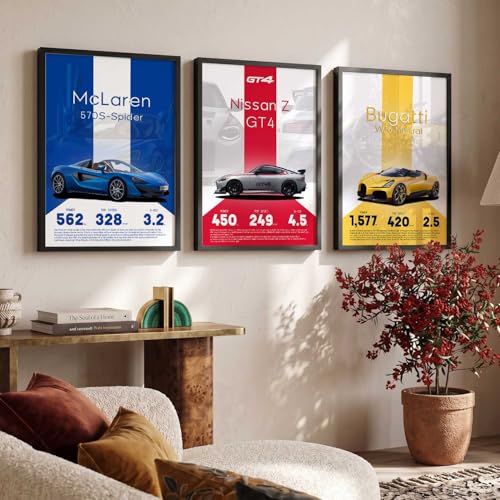 Image of walllane Big Nissan, McLaren, Bugatti Cars Framed Posters Gift Items for Boys Room Wall Decoration Bedroom Living Room Office Studio Decor | Car Poster Frame for Wall Decor Set Of 3 Size (13x17 inch)
