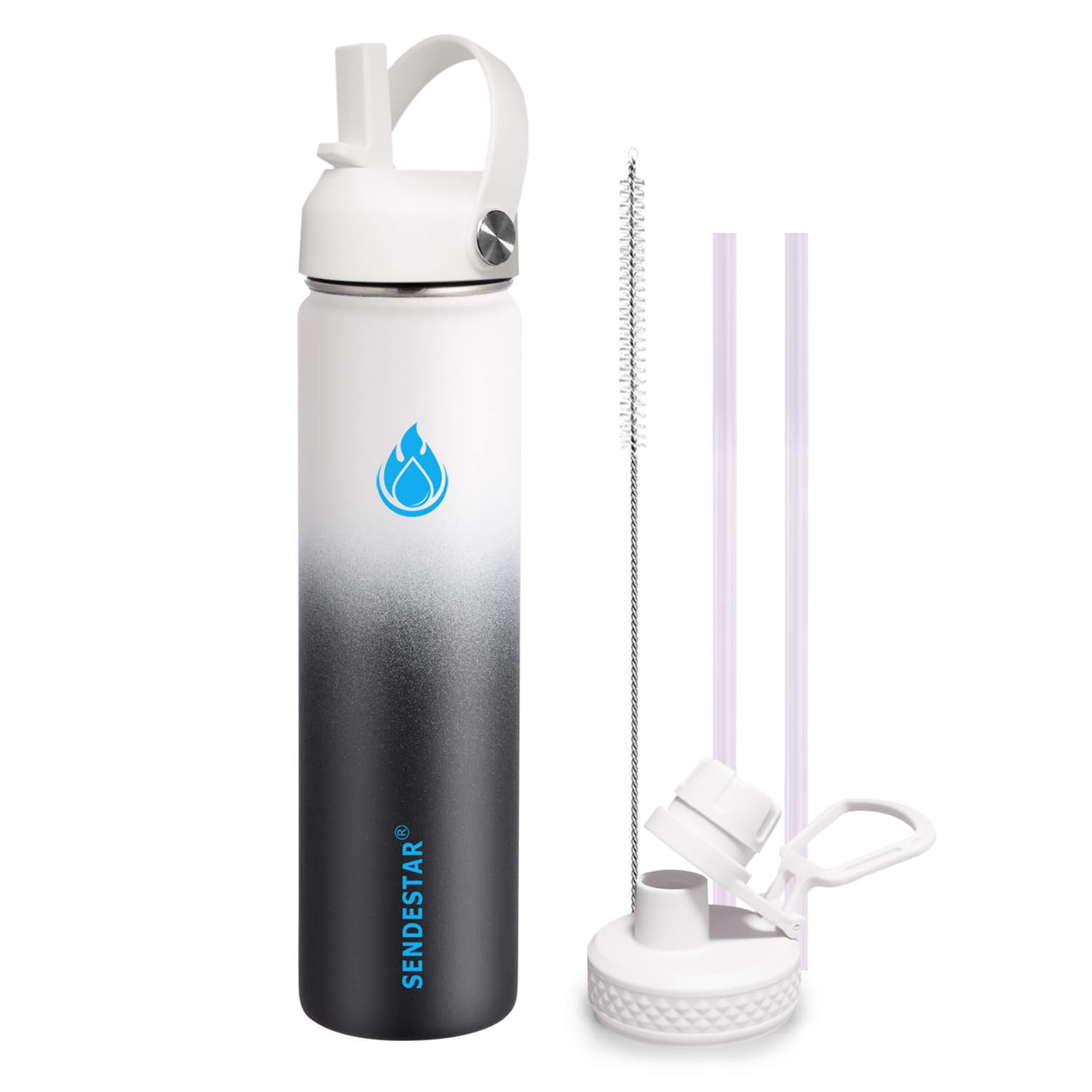 SENDESTAR 24oz Stainless Steel Water Bottle - Vacuum Insulated, Wide Mouth, With Flex Straw & Spout Lids