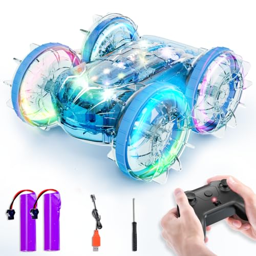 Amphibious Remote Control Car for Boys, 2.4GHz RC Boat Monster Truck with LED Lights, 4WD All Terrain Stunt Car, Kids Pool Beach Water Toys for 4 5 6 7 8 9 10 Year Old