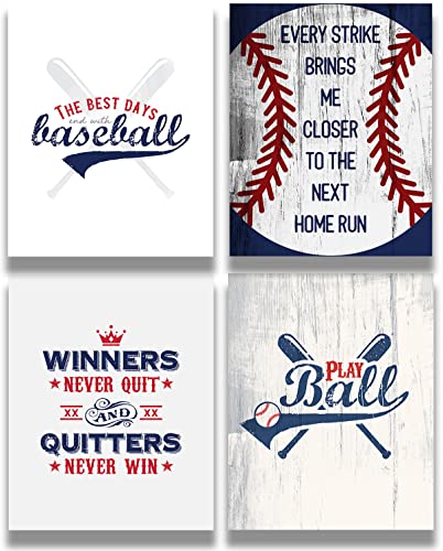 Image of Boys Room Decorations For Bedroom, Boy's Baseball Gifts, Set of 4 Motivational Inspiring Baseball Quotes for Teens Men Game Room, Man Cave