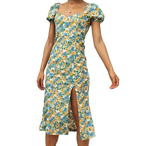 Women's floral retro dress 90's cottagecore high waist split a-li…