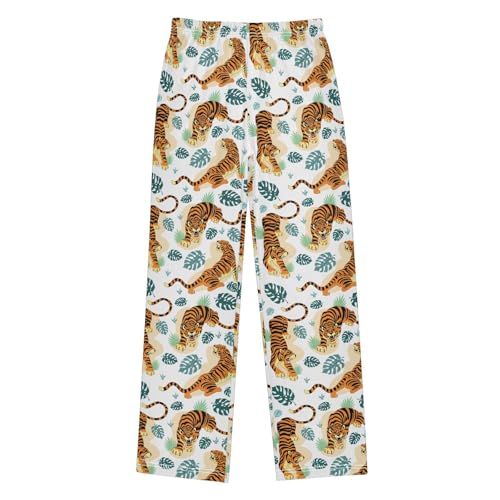 Tropical Tiger Palm Tree Boys Long Pants Soft Trousers Elastic Waist Kids Lounge Bottoms with Pockets S-XL