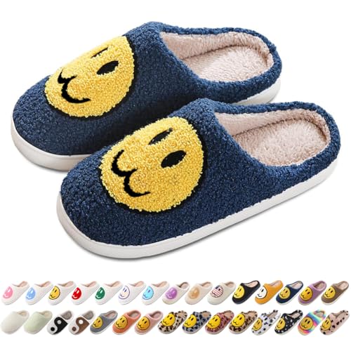 Image of Women's Men's Preppy Happy Face Slippers Comfy Warm Plush Slip-On House Slipper for Winter Indoor Soft Cushion Non-slip Fluffy Slides Slippers