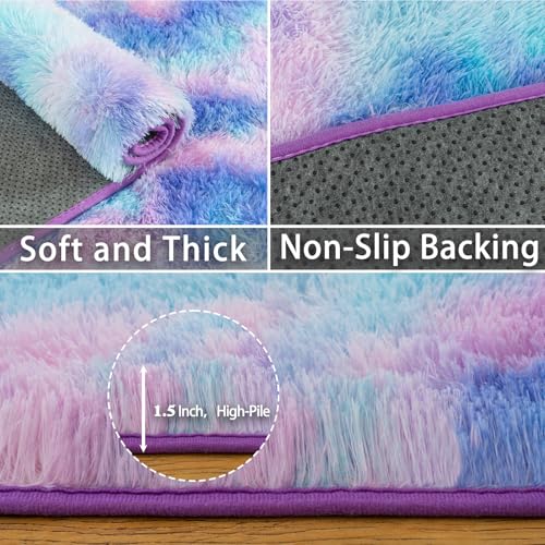 Image of Dssimo Cute Furry Purple Rainbow Rugs for Bedroom Girls Room Decor