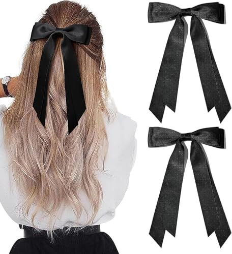 ZUFIO 2PCS Silky Satin Hair Bows Clip Hair Ribbon Ponytail Holder Accessories Slides Metal Clips Bow for Women Girls Toddlers Teens Kids (Black+Black S)