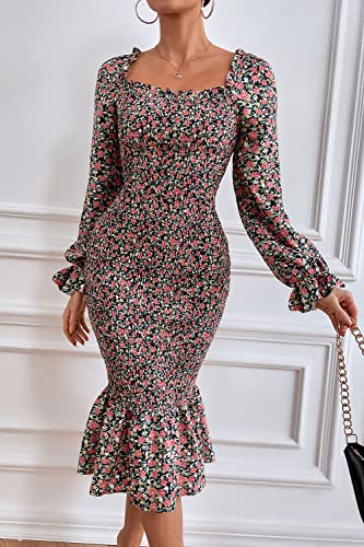 Image of PRETTYGARDEN Women's Long Puff Sleeve Floral Midi Bodycon Dresses Square Neck Ruffle Mermaid Smocked Dress