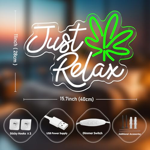 Image of Just Relax Neon Sign LED Wall Decor, Green Leaf Aesthetic Light for Bedroom, Bar, Lounge, Man Cave and Game Room, USB Powered Dimmable Neon Lamp for Chill Room Decor