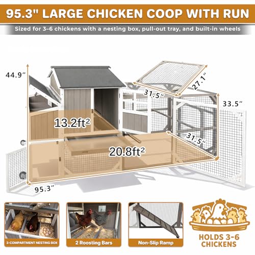 Image of Large 95.3 in Outdoor Chicken Coop with Run & Wheels for 3-6 Chickens | Wooden coop with 3-compartment nesting box, 2 dividers, pull-out tray, UV-resistant roof, predator-resistant wire mesh
