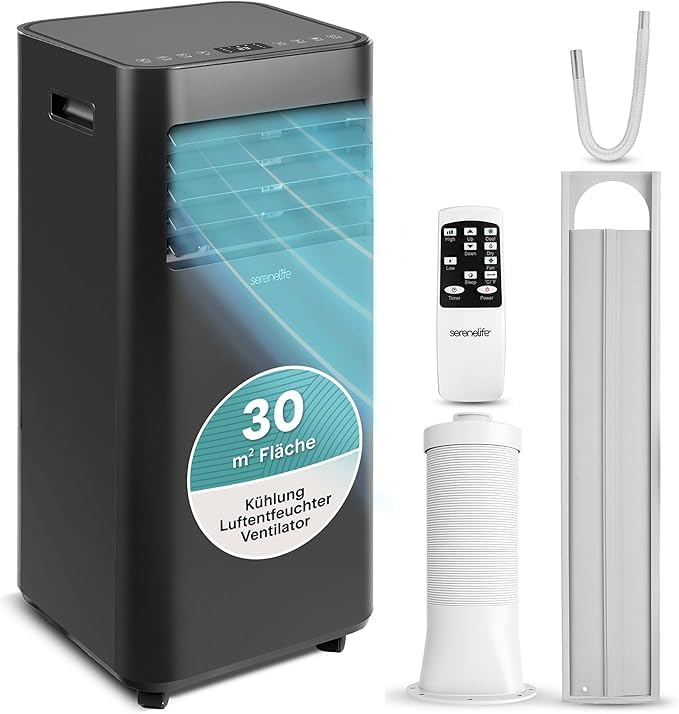 SereneLife Climatiseur Mobile 9000 BTU 2,0 kW – Climatiseur Portable avec Évacuation, 3 en 1 Refroidissement Déshumidificateur Ventilateur, Silencieux 54 dB, Télécommande et Kit Fenêtre