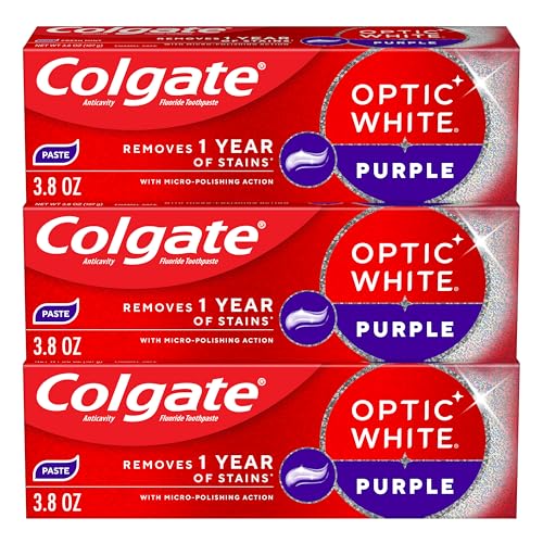Colgate Optic White Purple Teeth Whitening Toothpaste, 3 Pack, Anticavity Toothpaste with Fluoride,...