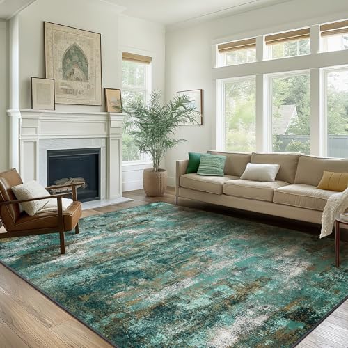 Machine Washable Rug 8x10 Area Rugs for Living Room Bedroom, Large Turquoise Abstract Area Rug Soft Throw Rugs, Low-Pile Floor Carpet with Non Slip Rubber Backing