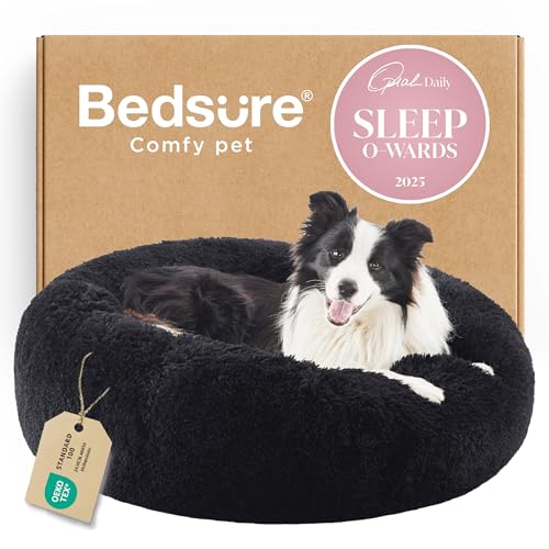 Image of Bedsure Calming Dog Beds Large Sized Dog Donut Washable Pet Bed,36ins Black | Fluffy Faux Fur Round Cuddler,with Removable Washable Cover,Anti-Slip Bottom,Anti-Anxiety,Deep Sleeping for Pets Up to 80 Lbs