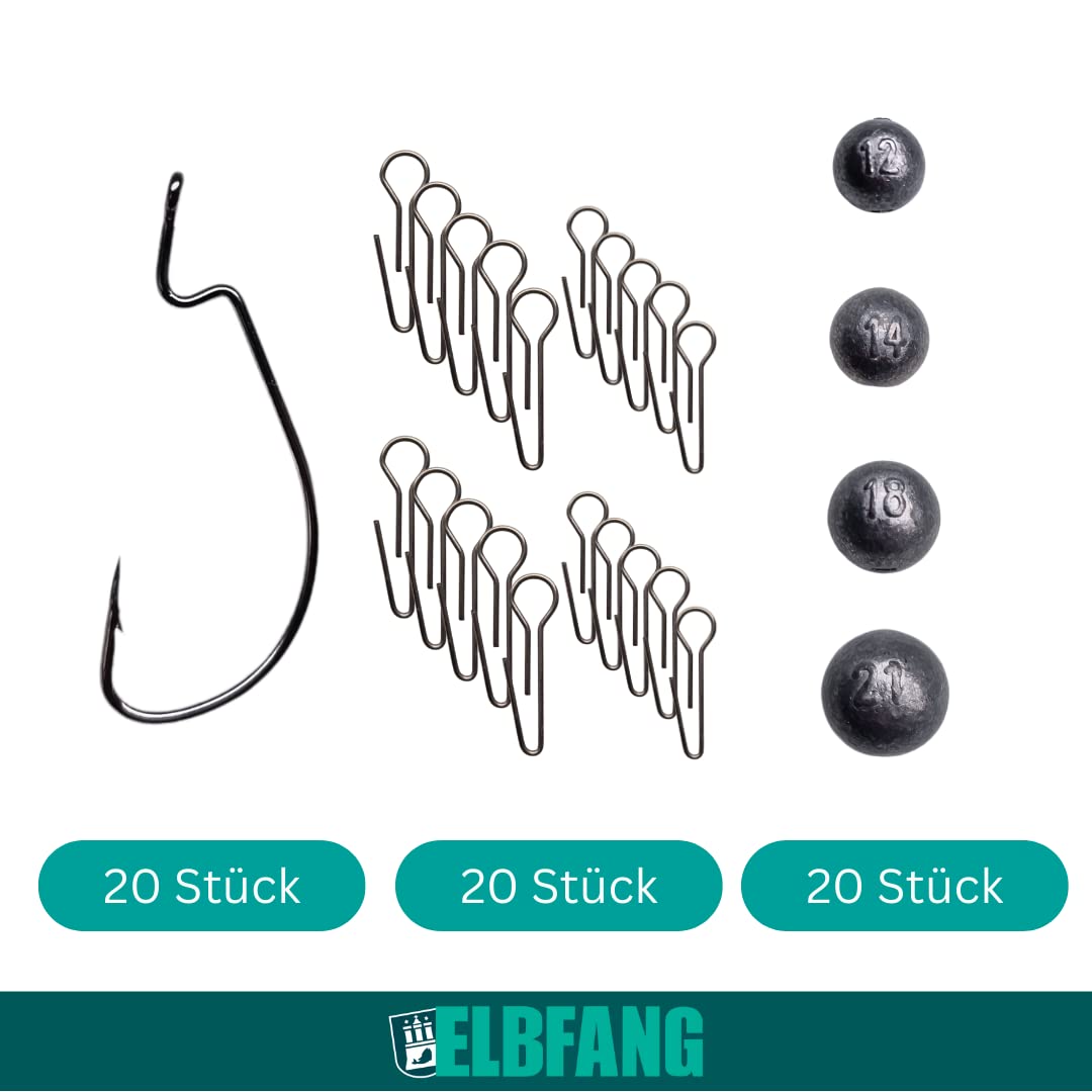 ELBFANG Kit Cheburashka 60 Pièces - Têtes Plombées Texas Rig 12g/14g/18g/21g 20 Crochets Offset 20 Pinces Boîte