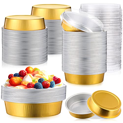 Yinder 120 Pcs 8Oz Mini Cake Pans Disposable Pie Pans With Lids 4Inch Aluminum Foil Pie Container With Lid Disposable Ramekins With Lids Freezer Safe Ice Cream Bowls (Gold) #TOP22