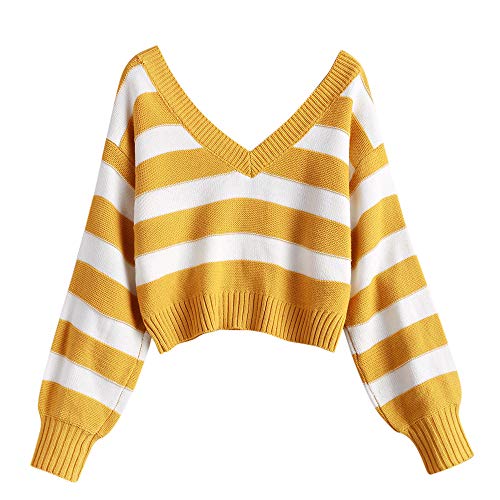 ZAFUL Women's Double V Neck Striped Sweater Color Block Pullover Cropped Tops Yellow