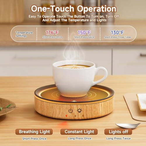 Image of Mug Warmer, 3 Temperature Settings, Auto Shut Off (2-12H), Max 176F, 36W Cup Warmer Design with Ambient Light,Ideal Gift for Home & Office (Wood Grain)