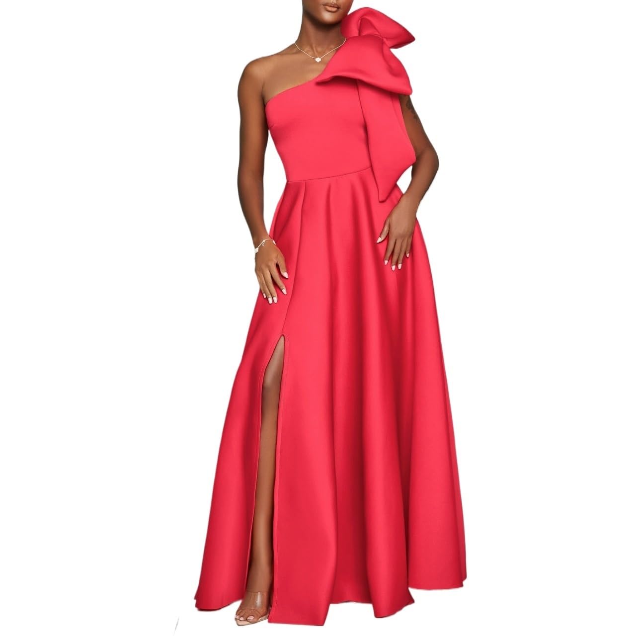 Vestido De Noche De Un Solo Hombro Para Fiesta Con Lazo Vestido De Noche Formal Elegante Para Invitada De Boda, Largo Hasta El Suelo, Con Abertura En El Bajo Y Corte En A