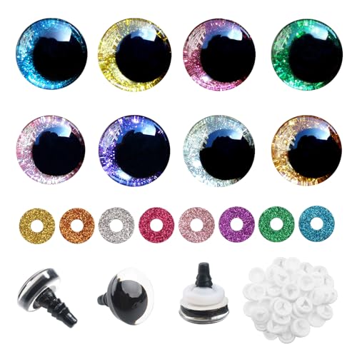 TOAOB 32 Stück Sicherheitsaugen Puppenaugen Glitzer 25mm Kunststoff Basteln Augen Bunt Knopfaugen mit Unterlegscheiben für Häkeltiere Puppe Marionette Plüschtier Teddyaugen