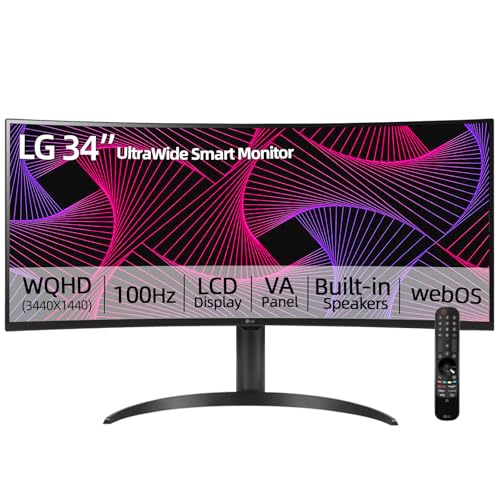 Image of LG 34 inch UltraWide Curved Smart Monitor, WQHD (3440 x 1440) 21:9 LCD Display, 100Hz, 3000:1, VA Panel, AirPlay, Built-in Speakers, webOS, Height & Tilt Adjustable Stand for Home Office