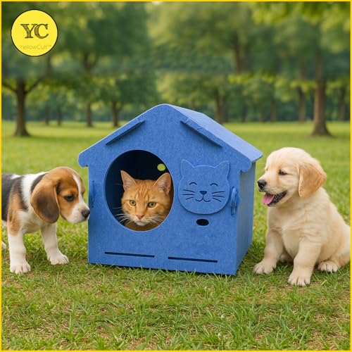 Image of YellowCult Foldable Small Pet House for Hamsters Guinea Pigs Rabbits Kitten Cats - Felt Fabric Indoor Hideout Bed for Small Animals, Cozy Durable Pet Cave Shelter Lightweight Design Blue (50 X 38 cm)