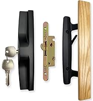 Vista 1 de Juego de manijas correderas para puerta de patio con cerradura de embutida, cilindro de llave y placa frontal, juego de cerradura de mango de madera