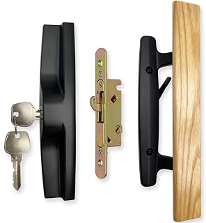 ALLYWASAI Sliding Patio Door Handle Set with Mortise Lock, Key Cylinder and Face Plate, Wood Handle Lock Set Fits Door Thickness from 1-1/2" to 1-3/4", 3-15/16" Screw Hole Spacing, White (Black)