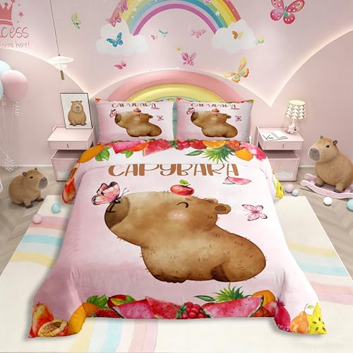 Homewish Nette Capybara Bettwäsche Set für Jungen Mädchen Rustikale Farm Butterfly Print Bettbezug 2-teilige Kawaii Lustige Capybaras Tröster Abdeckung 135x200 Nagetiere Capybara Bettbezug