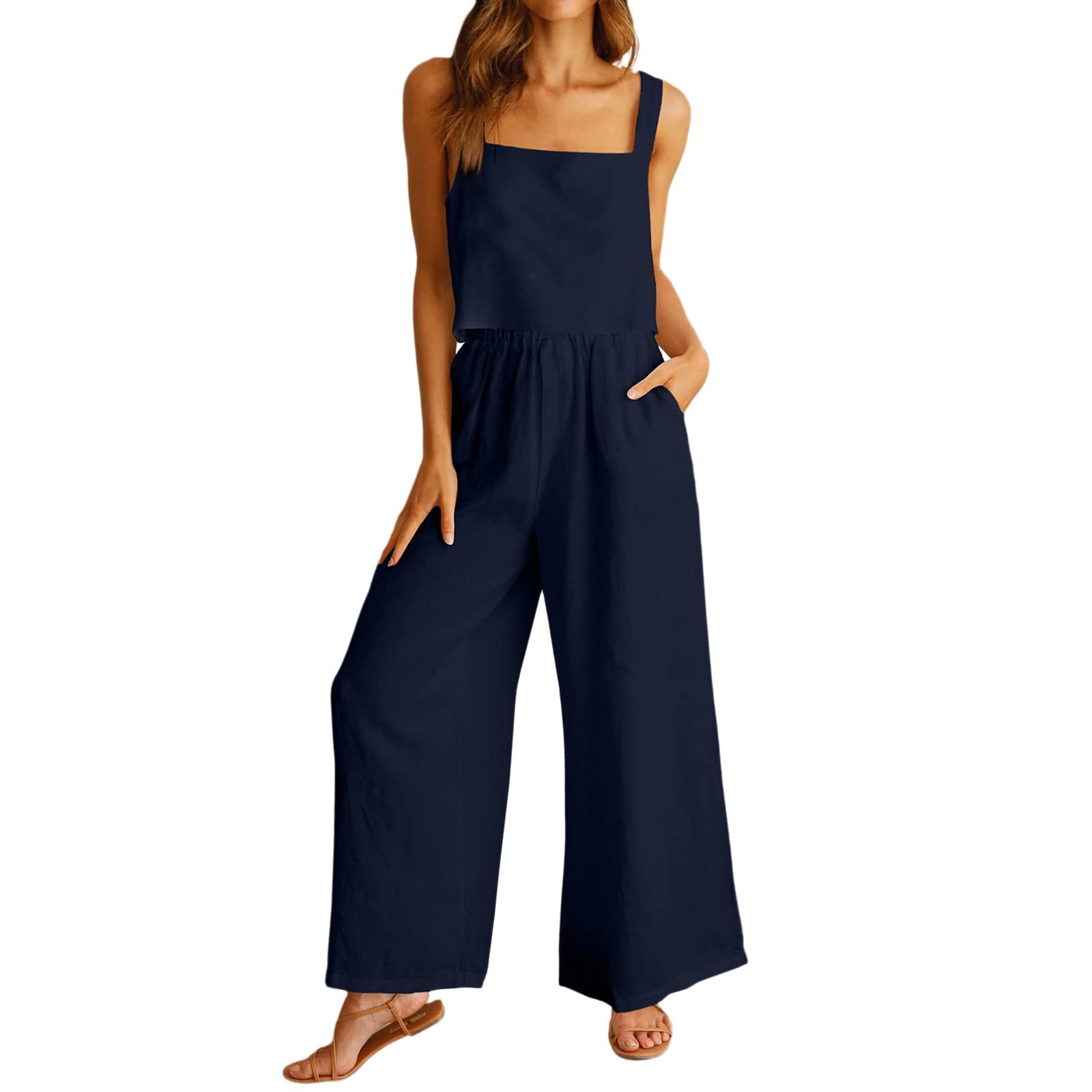 NJGRAE Mujer Conjunto de 2 Piezas Para Trajes de 2 piezas para mujer, cuello cuadrado, camiseta sin mangas de lino, pantalones de pierna ancha, conjunto de chándal a juego