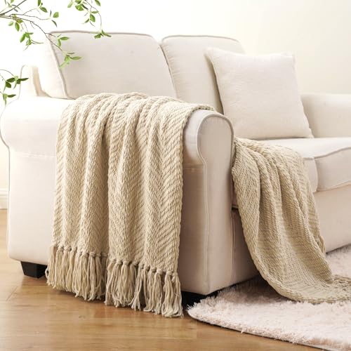 Image of BATTILO HOME Beige Throw Blanket for Couch, Knitted Beige Throw for Bed, Neutral Throw Blankets Tan Throw Blanket for Room Decor Housewarming Gifts, 50 inch x 60 inch