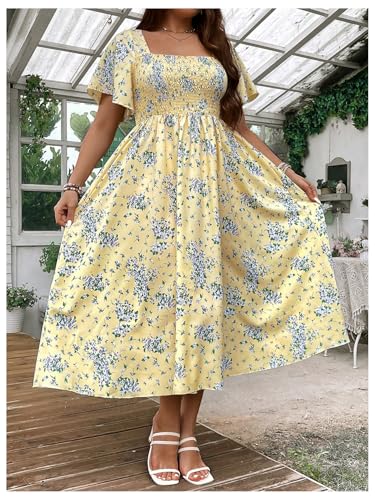 Image of Floerns Women's Plus Size Floral Square Neck Flounce Short Sleeve A Line Maxi Dress