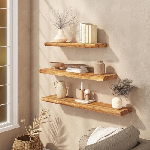 Image of 36 inch Live Edge Floating Shelves, Solid Elm Wood Shelf, Set of 2