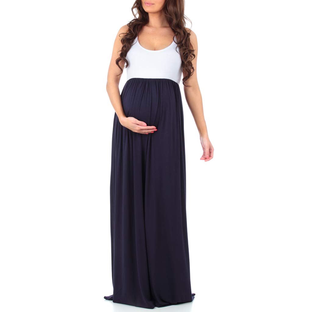 Mother Bee MaternitySleeveless Ruched Color Block Maxi Maternity Dress for Baby Shower or Casual Wear