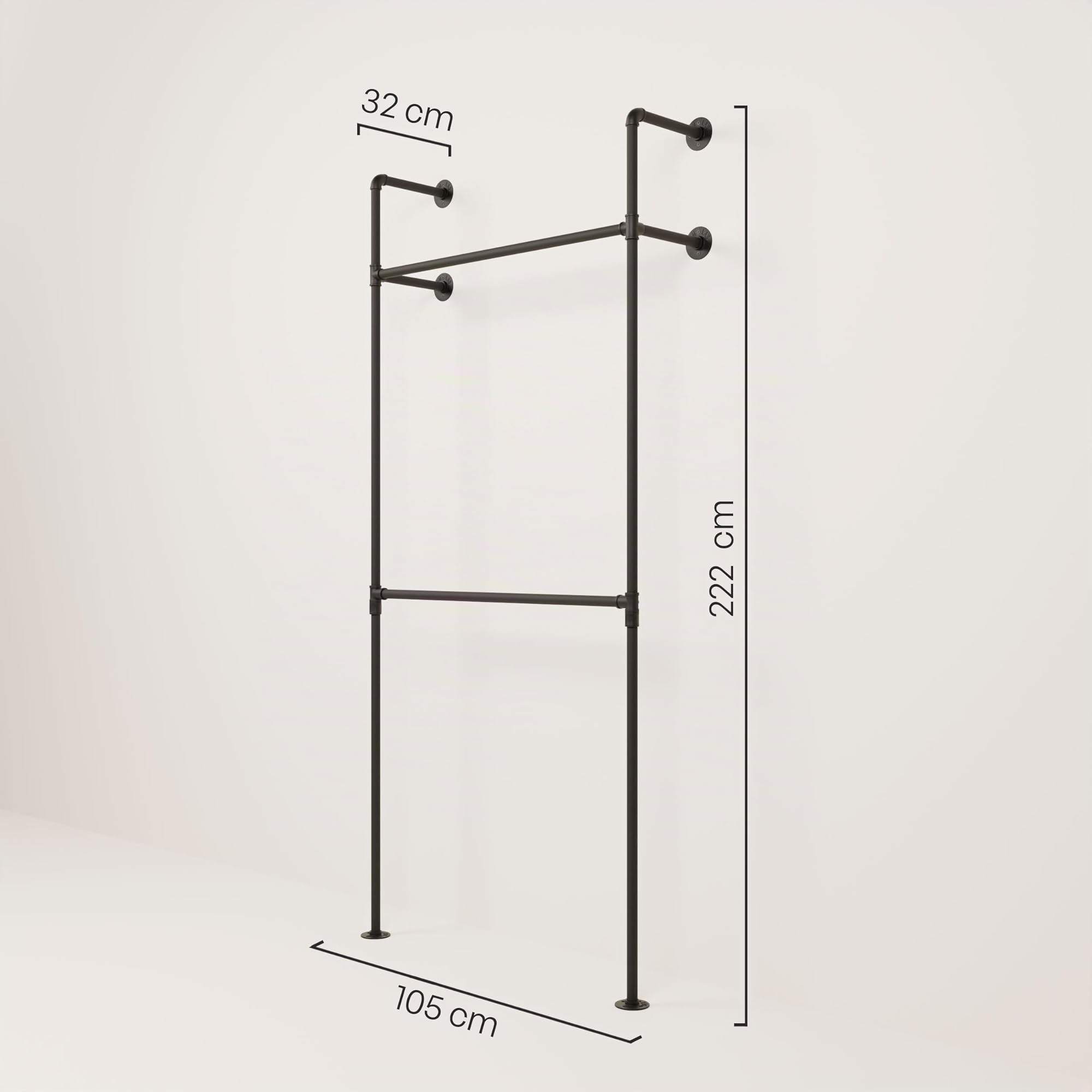pamo Perchero de Pared Industrial Negro 105x222 cm – Barra para Colgar Ropa | Armario Abierto Metálico – Vestidor Abierto Modular – Soporta 200 kg