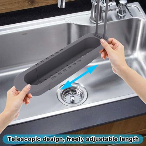 Organizador telescópico para fregadero con 3 esponjas, estante extensible para cocina con colgador de toallas (gris) miniatura 4