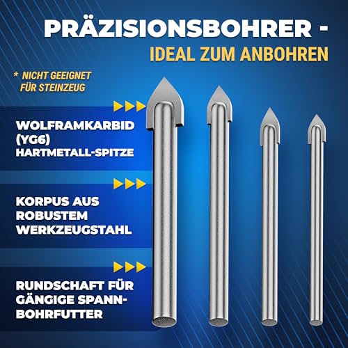 S&R Diamantbohrer Set 8-tlg, 4 x Diamant-Bohrer 5, 6, 8, 10 mm, 4 x YG8 Karbid Hartmetall-Bohrer 4, 5, 6, 8 mm, für Harte Keramik, Fliesen, Granit, Glas, Porzellan, Marmor, Feinsteinzeug, in Rundbox