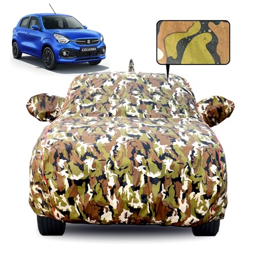 Image of 100% Waterproof Car Body Cover for Maruti Suzuki Celerio 2014-2020 Model with Mirror Pocket, Soft Cotton Lining, Triple Stitched, Full Bottom Elastic Heat, Resistant Jungle Print, 1 Unit.